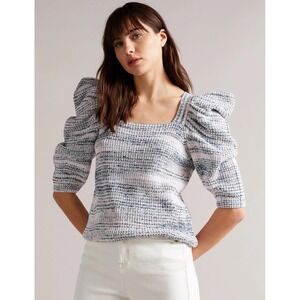 Ted Baker Womens Aspel Knit Top 0 Cotton Puff Sleeve Open Back Square Neck- US 2